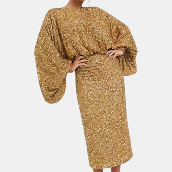 ASOS Modern Batwing Sleeve Midi Dress Sequin Gold Women Small Size 4 - Picture 15 of 16